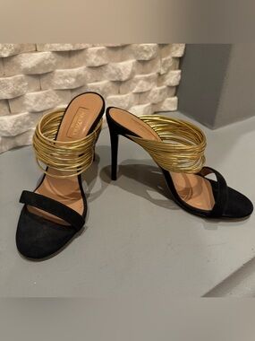 Aquazzura Black Suede High-Heel Sandals with Gold Coil Anklets